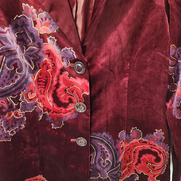 Coldwater Creek Velvet Style Rich Burgundy Color Floral Blazer Jacket - Size 12 - Picture 4 of 11